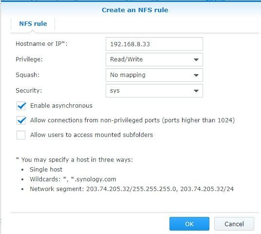 nfs rules for raspberry pi backup on synology