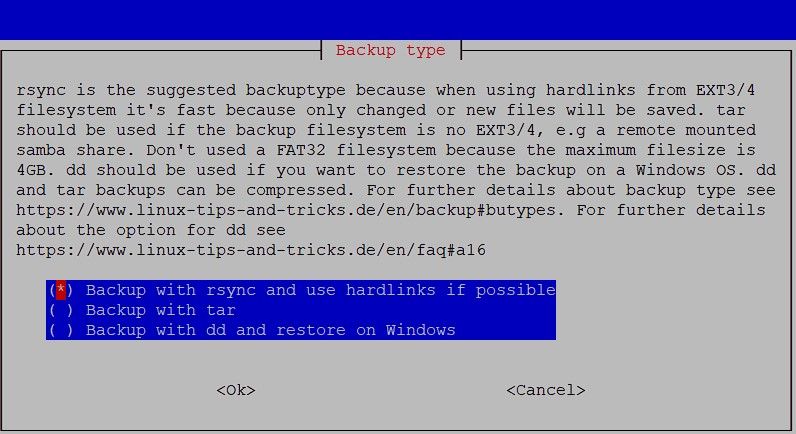 raspibackup backuptype configuration
