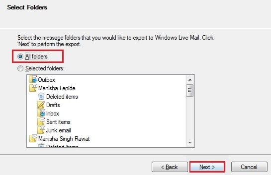 select folders to export