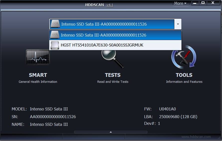 select hard disk in hddscan