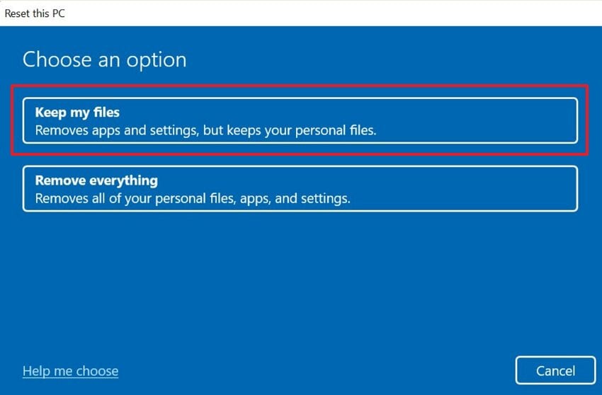 pick the keep my files option
