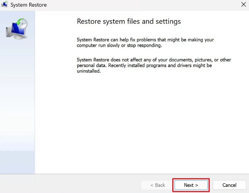 select next to start restoration