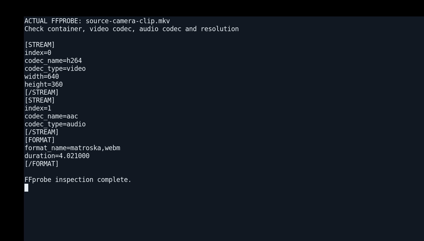 actual ffprobe terminal displaying mkv container with h264 video and aac audio