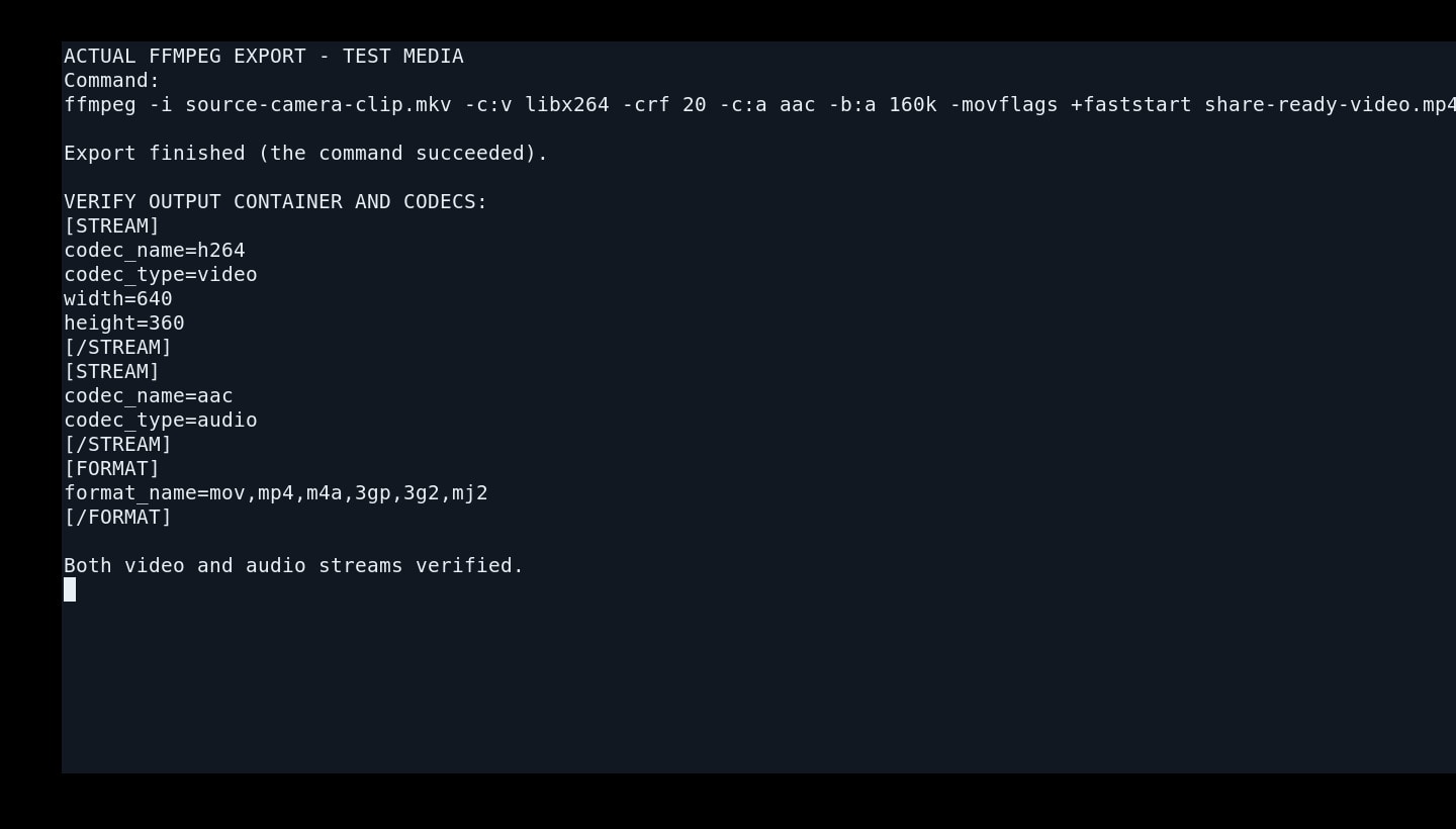 actual ffmpeg export terminal showing verified mp4 file with h264 and aac streams