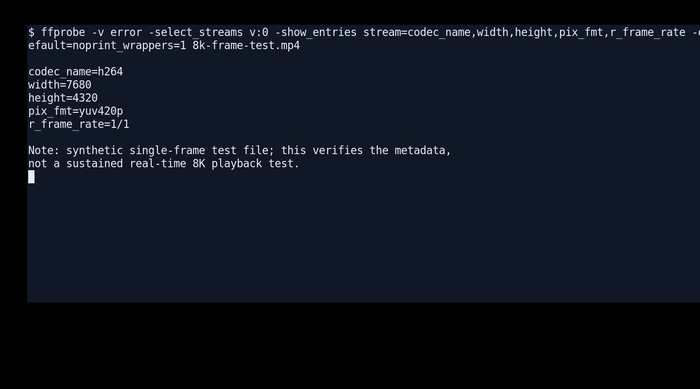 ffprobe terminal shows 7680 by 4320 resolution and video codec metadata from a synthetic test file