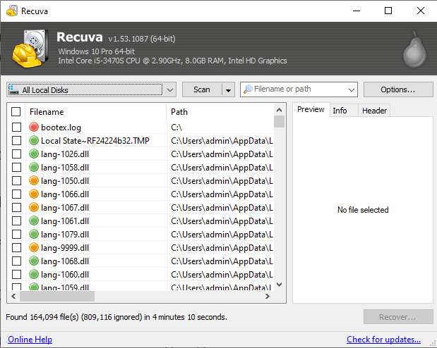 software portátil de recuperación de archivos recuva 