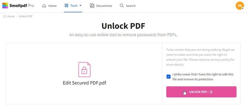 smallpdf's online pdf password remover