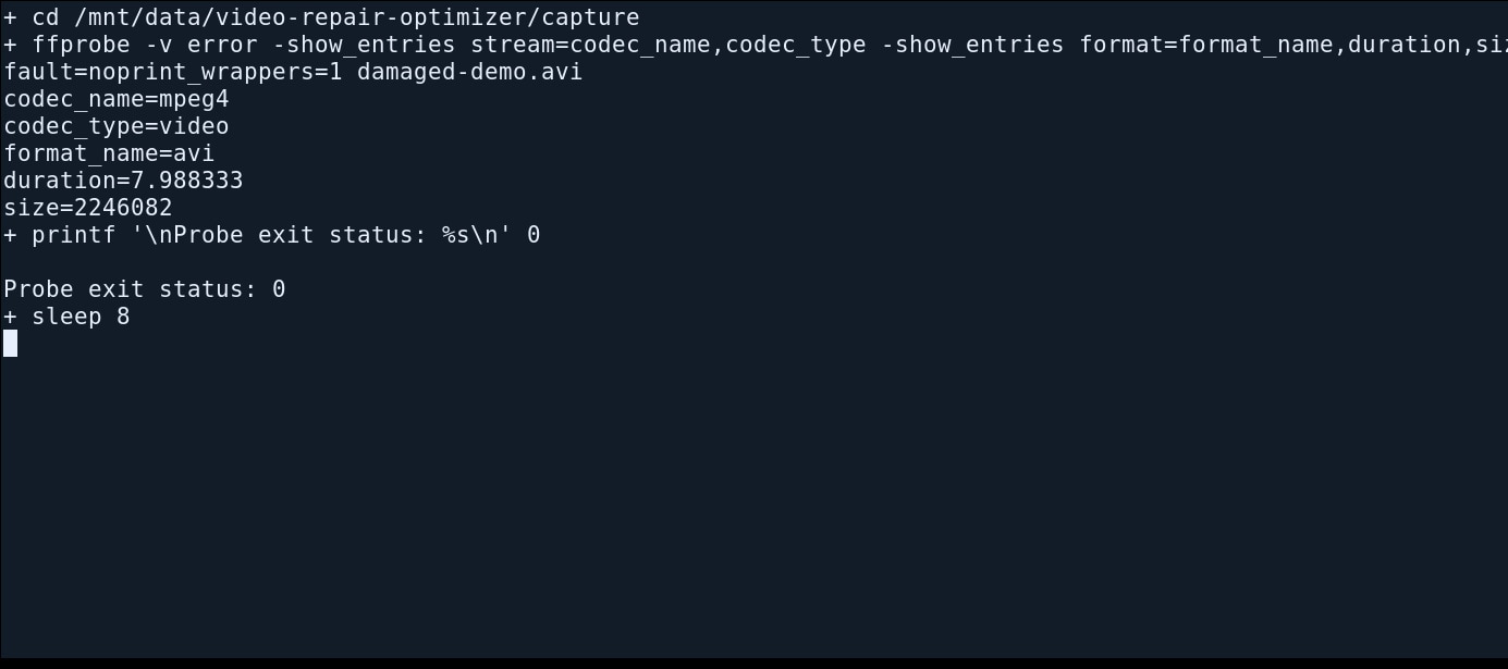 real ffprobe terminal output identifying readable mpeg4 stream in a truncated avi test file