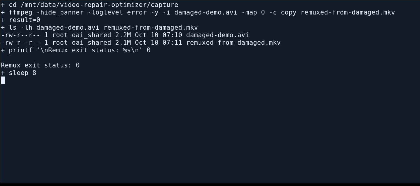 actual ffmpeg terminal showing successful stream copy from a truncated avi into a new mkv container