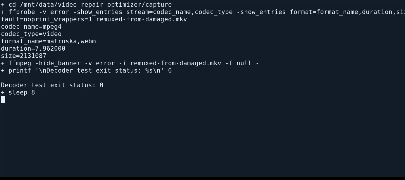 actual ffprobe and ffmpeg terminal verifying output streams and testing decoding without modifying source