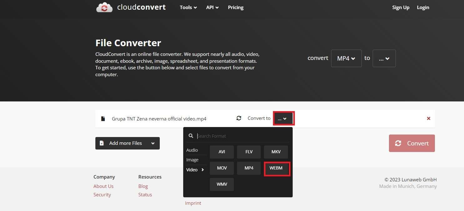 Auswahl der Konvertierung in Cloudconvert 