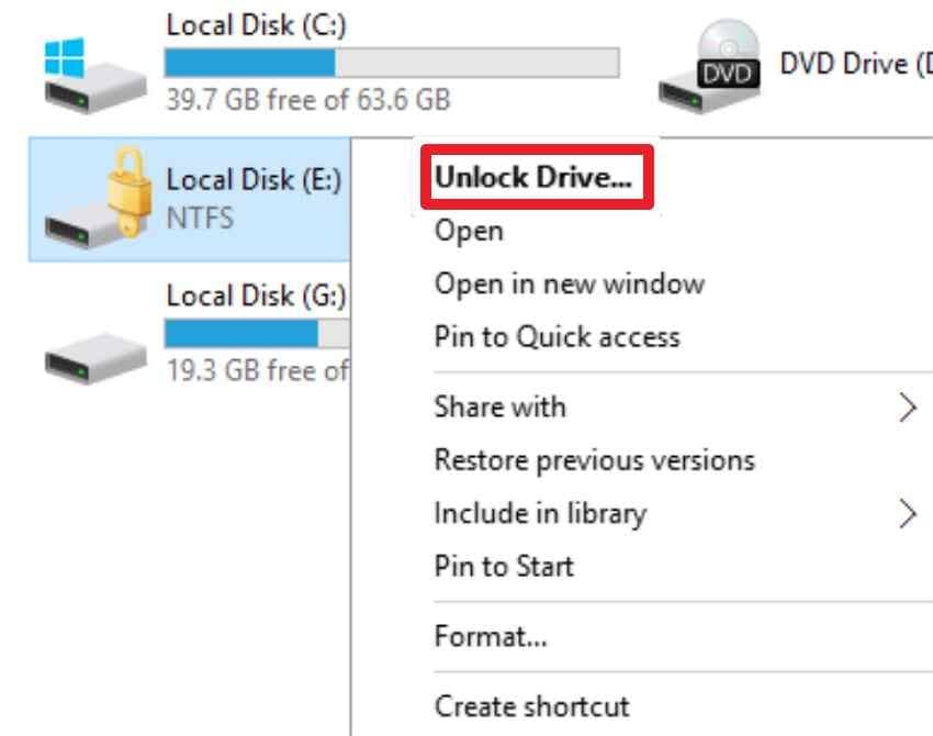 unlock bitlocker drive menu