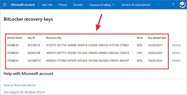 accessing recovery keys on microsoft account