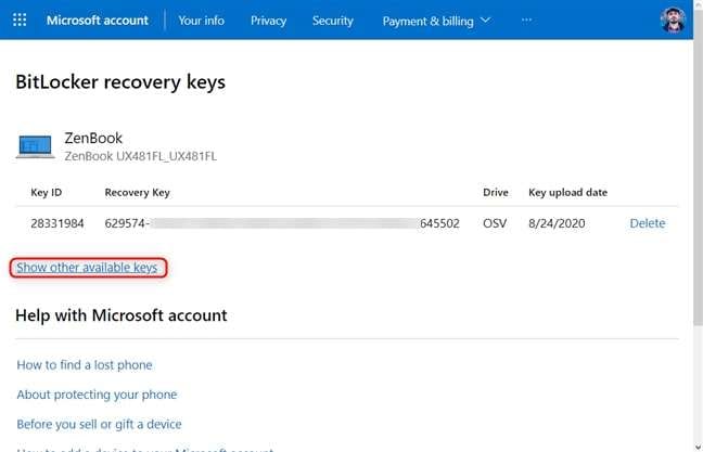 bitlocker recovery keys inside microsoft account