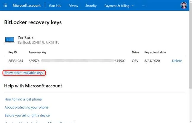 claves de recuperación de bitlocker dentro de la cuenta de microsoft