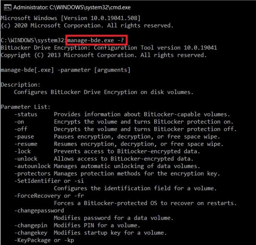 manage-bde parameters for encrypting and decrypting a bitlocker drive