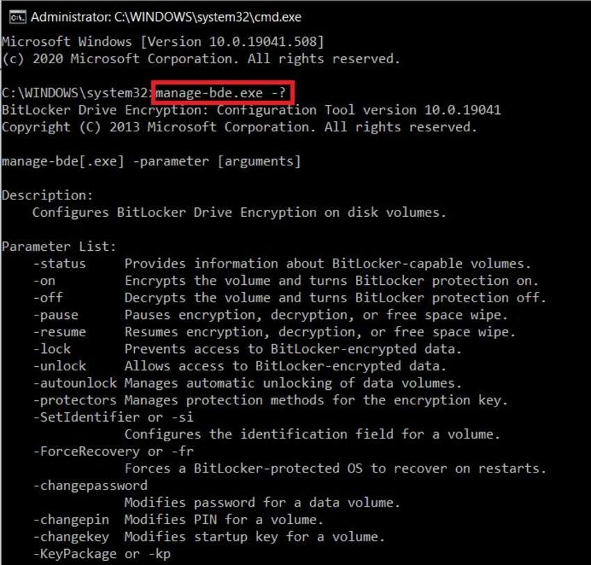 parameter manage-bde untuk melakukan enkripsi dan dekripsi sebuah drive bitlocker