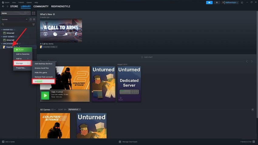 press manage click uninstall