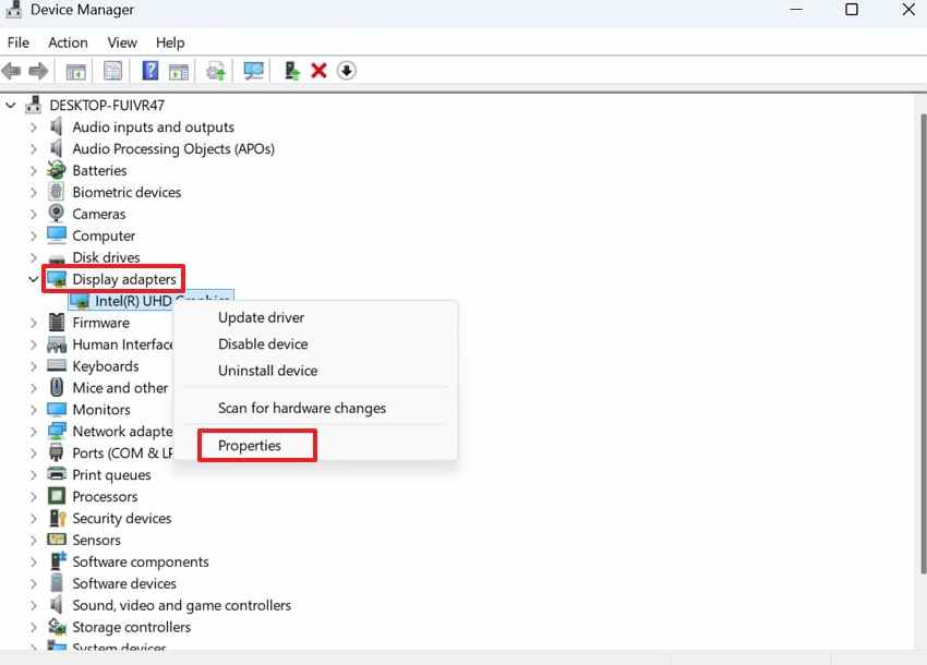 check display driver properties