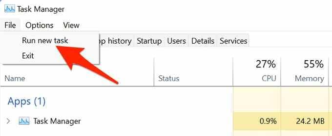 run new task menu