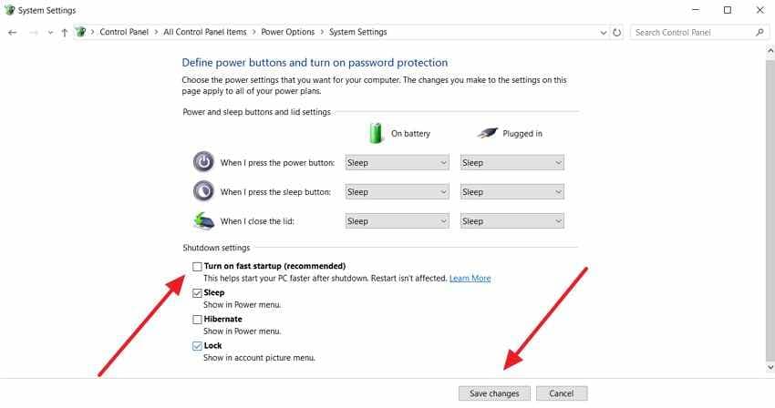 uncheck fast startup