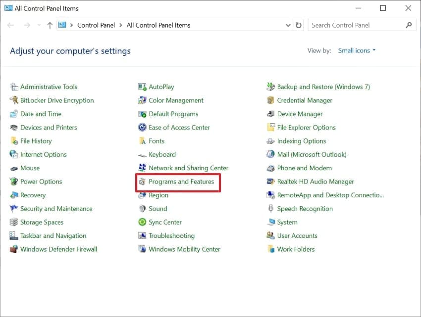 choose programs and features