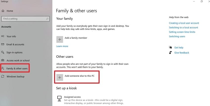 choose family and other user tab