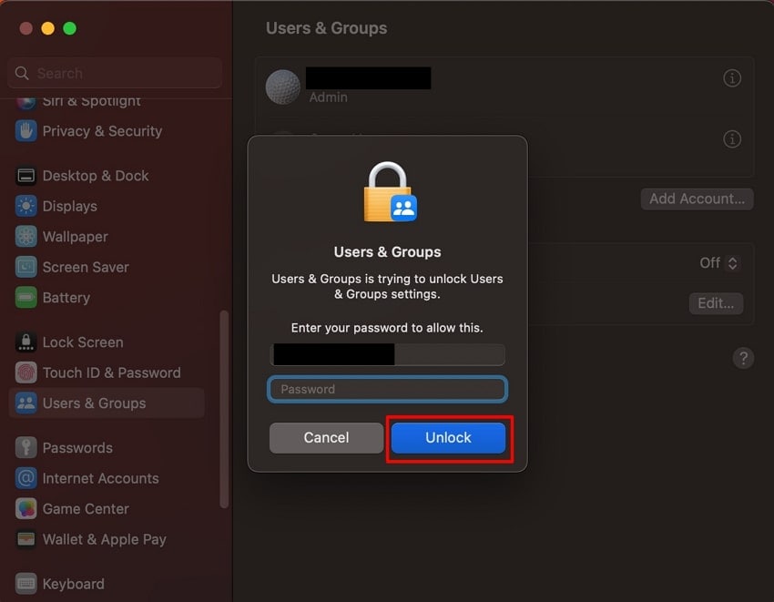 enter password to unlock