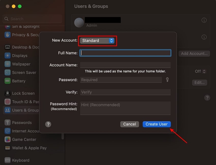 choose account type and create