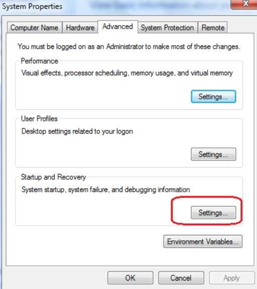 advanced startup and recovery settings 