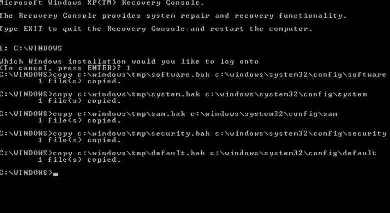 restore registry hives from the backup