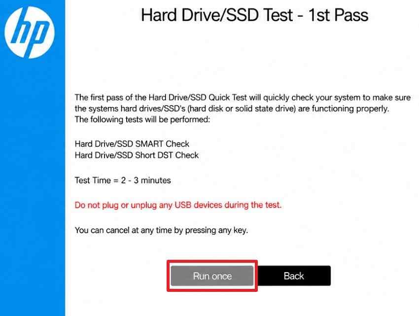 run once hp storage test