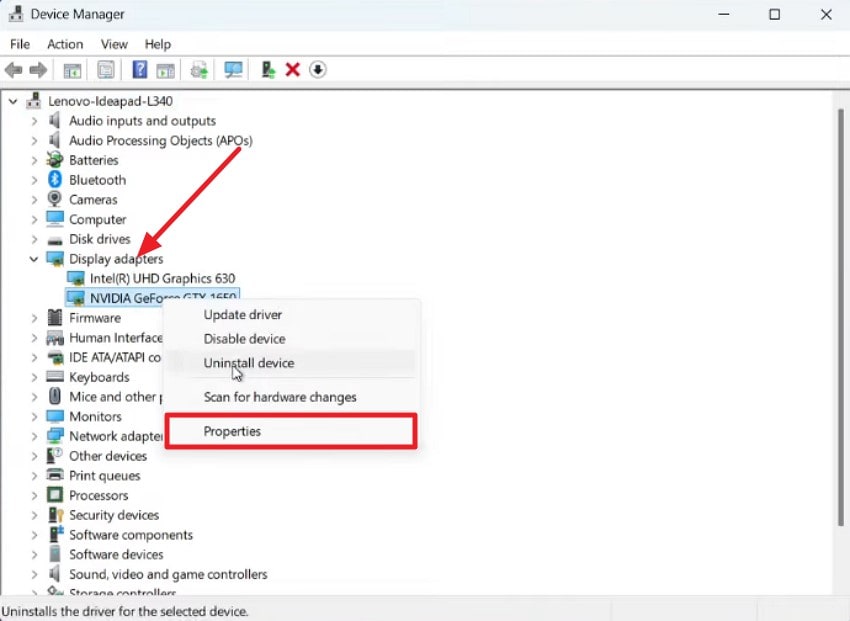 display adapter in properties