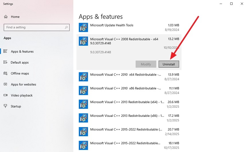 press uninstall for redistributables