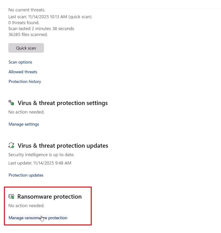 locate the ransomware protection option
