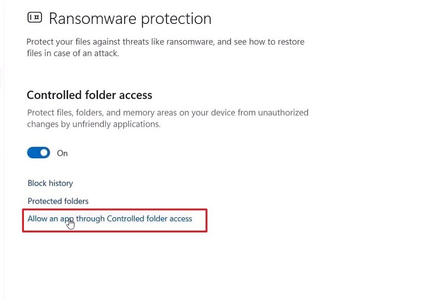 allow an app through controlled folder