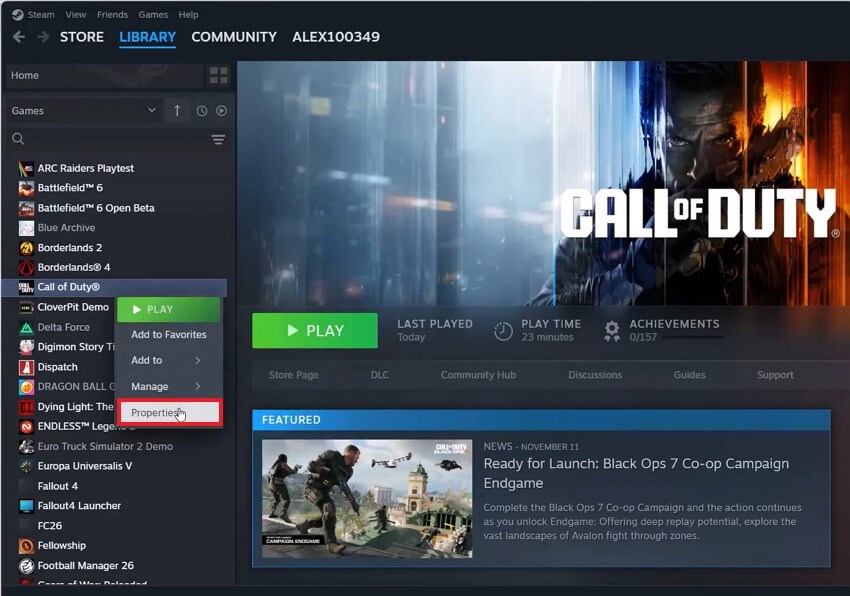 click on the properties option