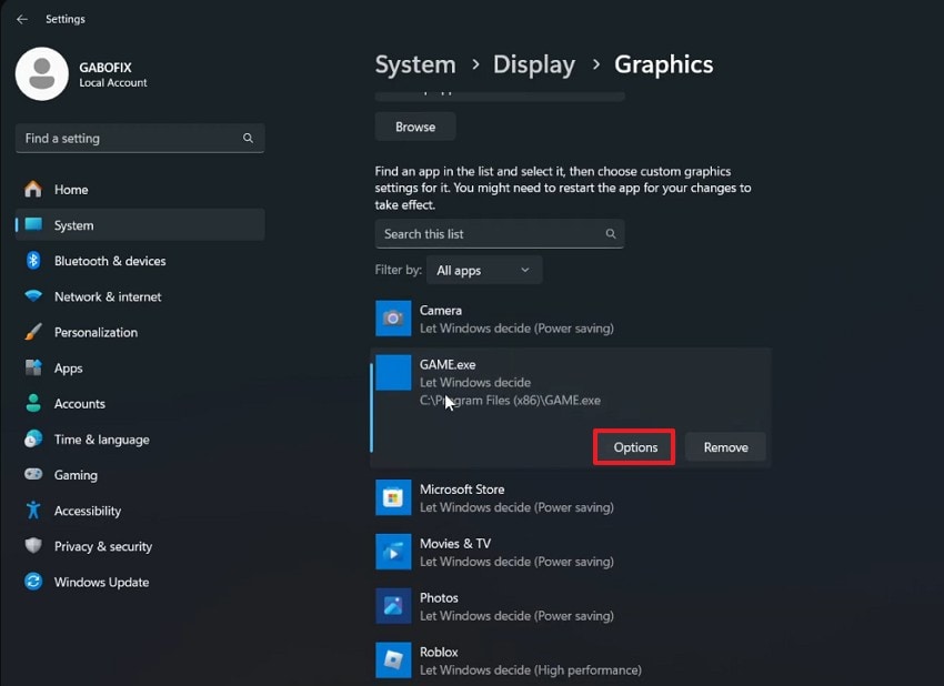 select the options button
