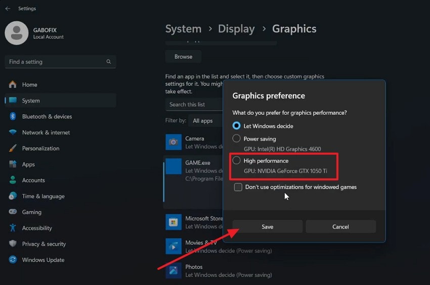 change settings and save