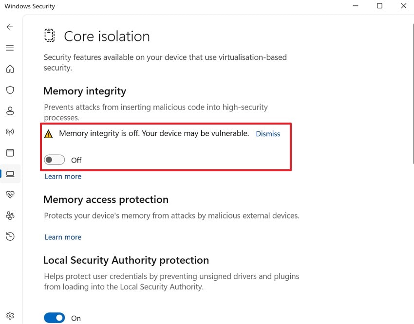 toggle off the memory integrity