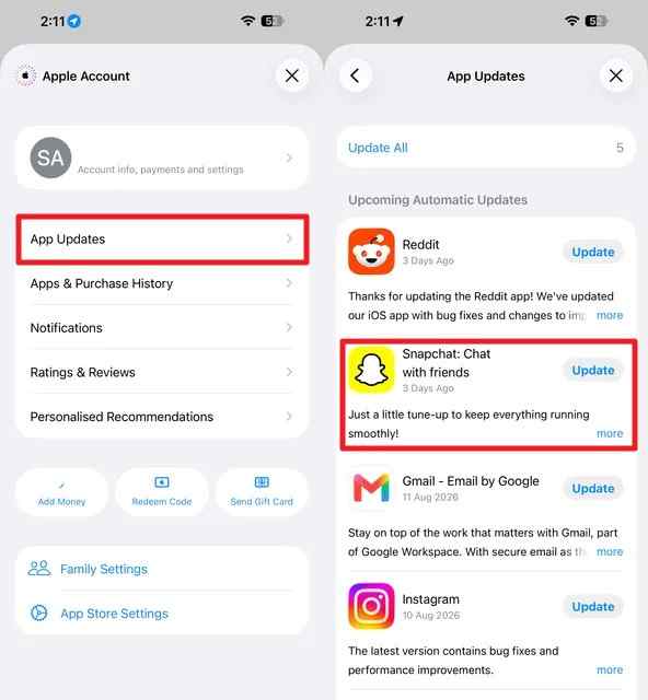 update snapchat app ios
