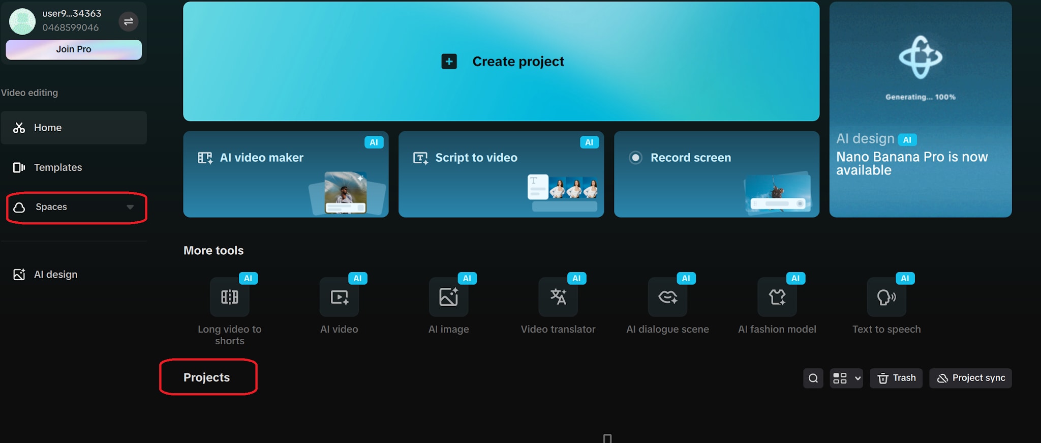 capcut desktop home screen showing projects