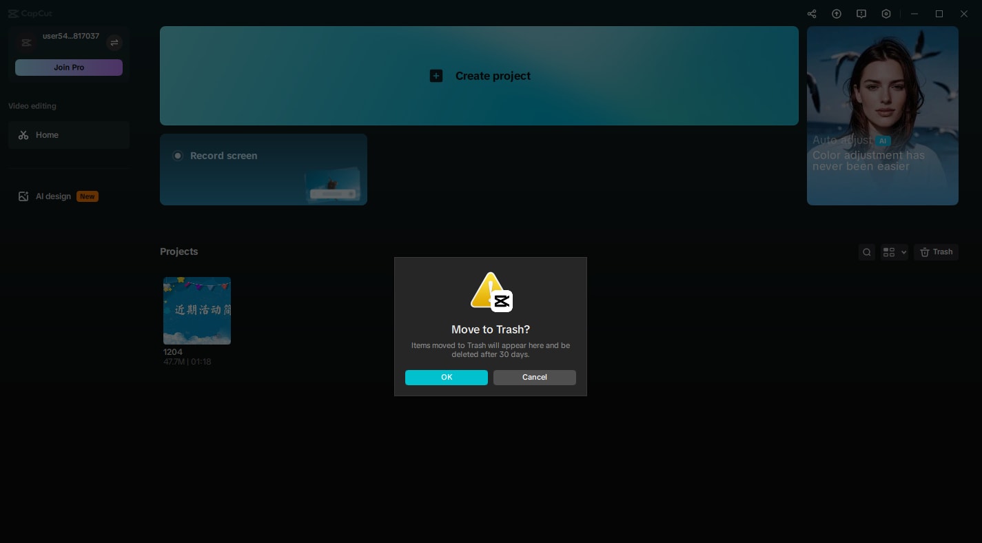 capcut desktop project trash confirmation window