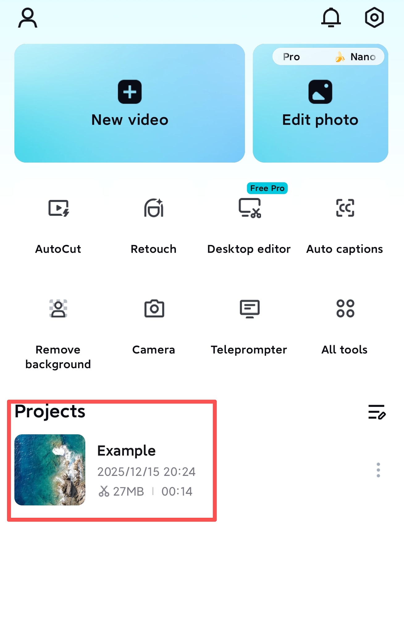 capcut mobile home screen with projects section