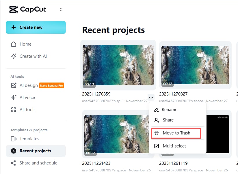 capcut web project menu showing move to trash