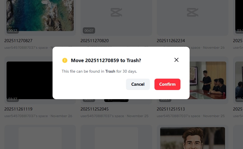 capcut web move to trash dialog displaying 30 day retention