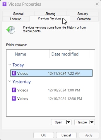 windows previous versions list for restoring backed up video files
