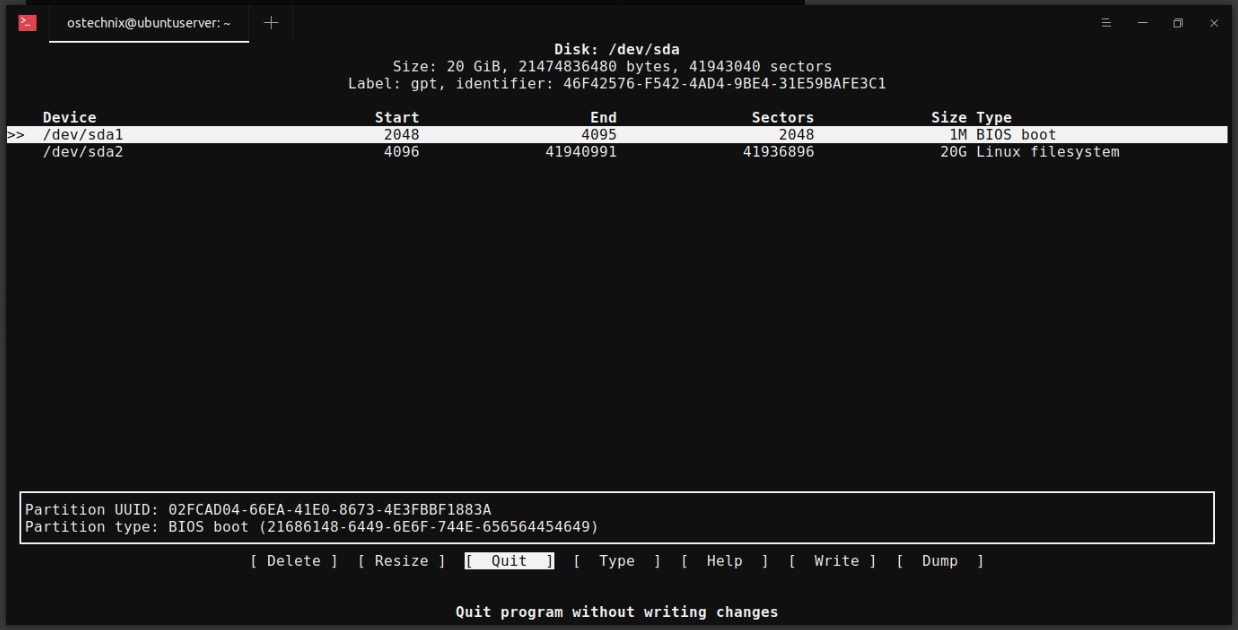 output of the cfdisk command