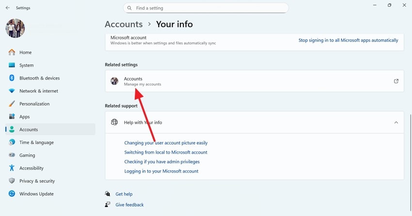 choose account after pressing settings