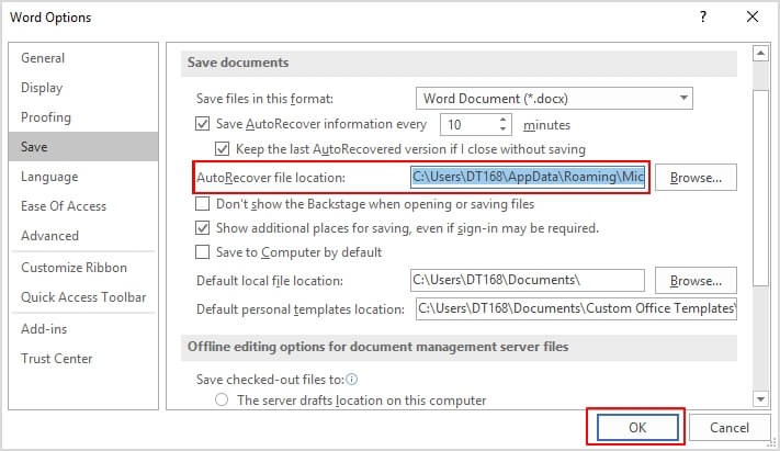 change autorecover location 2